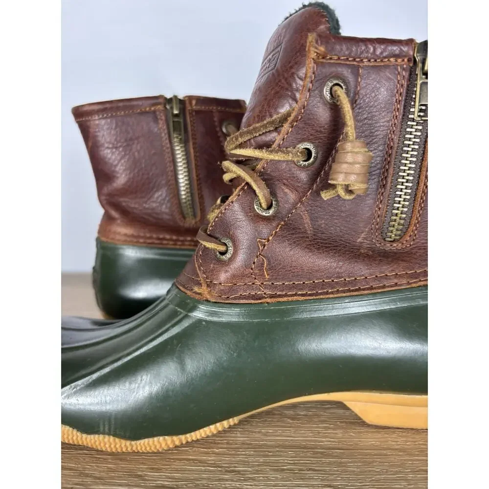Sperry Top-Sider Duck Boots Womens 7 Brown Leather Green Waterproof Fleece Zip